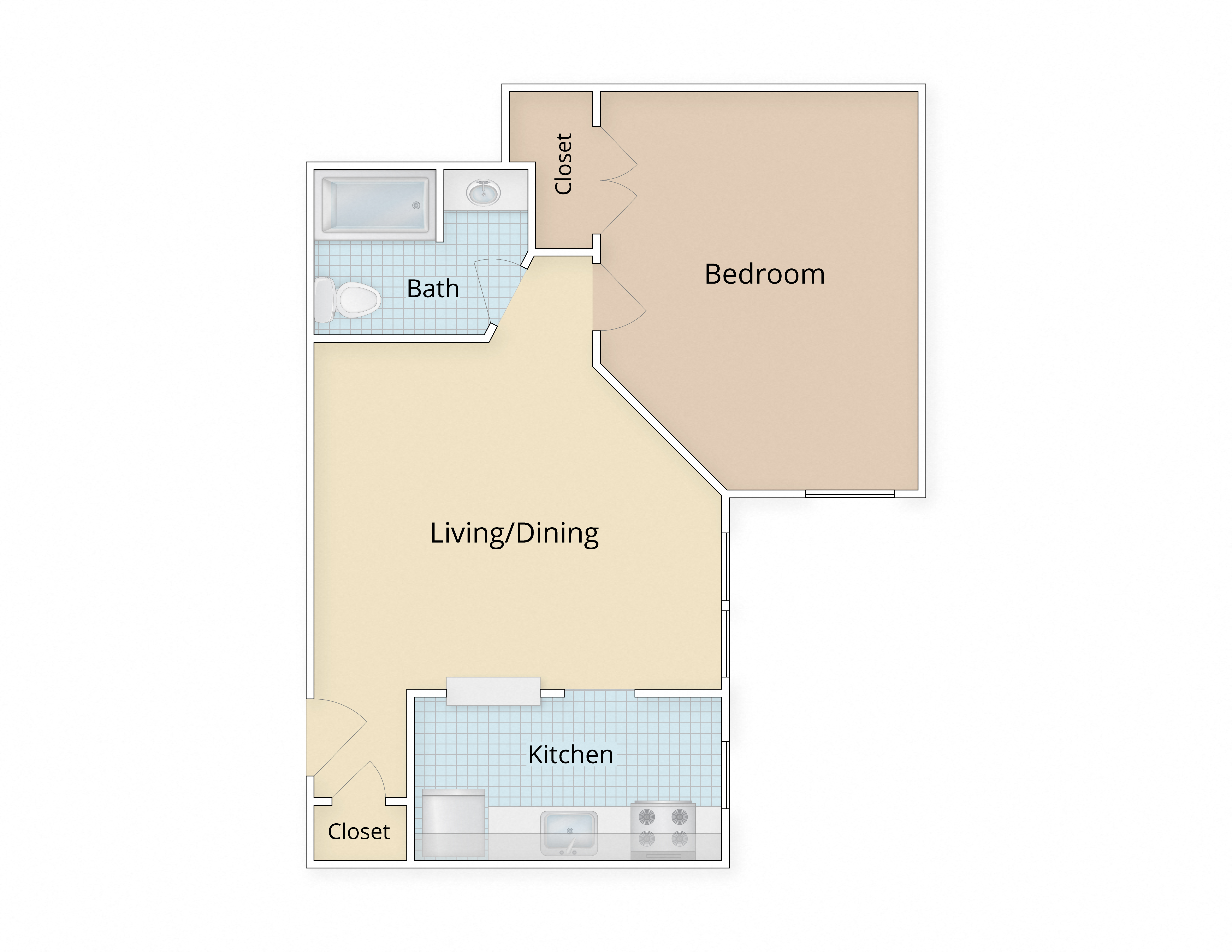 Floor plan for 1 bed, 1 bath, 776 sqft